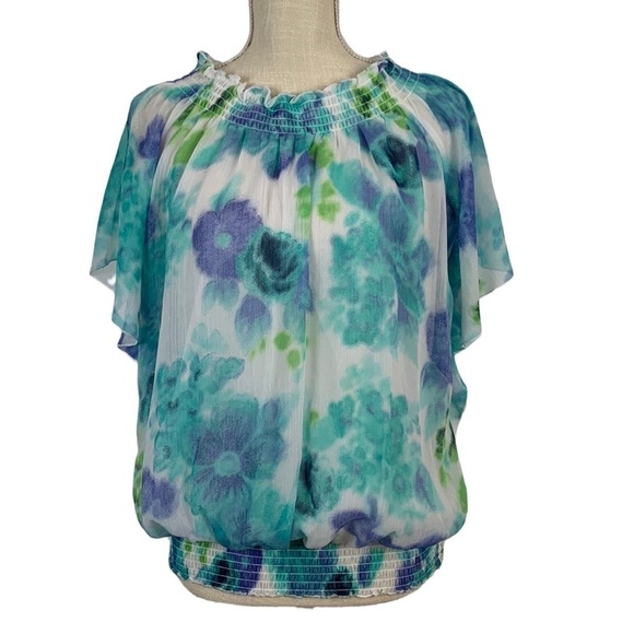 Massini Shirred Floral Blouse Flutter Angel Sleeves Size Large - Picture 1 of 12